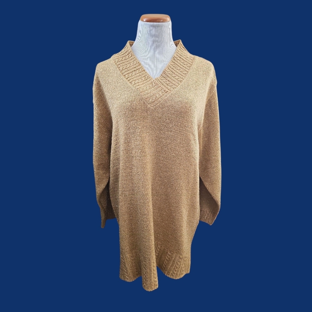 Diane Von Fustenberg The Color Authority Metallic Gold V-Neck Sweater EUC Sz L
